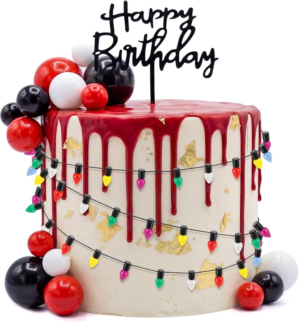 Gerrii 63 Pcs Stranger TV Cake Decorations with Happy Birthday Cake Topper Spooky Miniature Fairy Lights Black Red White Ball Toppers Set Red and Black Birthday Supplies for Horror Party Decor