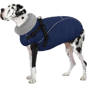 AOFITEE Dog Coat for Large Dogs, Waterproof Dog Jacket Winter with Harness Built in, Warm Fleece Pet Puffer Jacket with Zipper, Cold Weather Coats for Dogs, Reflective Pet Snowsuit, Blue XXL