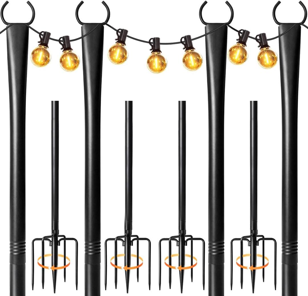 4 Pack String Light Poles for Outside, Heavy-Duty Metal Light Poles for Outdoor String Lights with Fork, Adjustable Lighting Accessories for Patio Decor Backyard Yard Pergola Garden Decorations