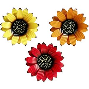 Sunflower Outdoor Metal Wall Art - 3Pack 9" Metal Flowers Wall Decor for Porch, Garden, Yard - Weather-Resistant Indoor Floral Wall Art - Durable Outdoor Wall Decor (yellowredorange)