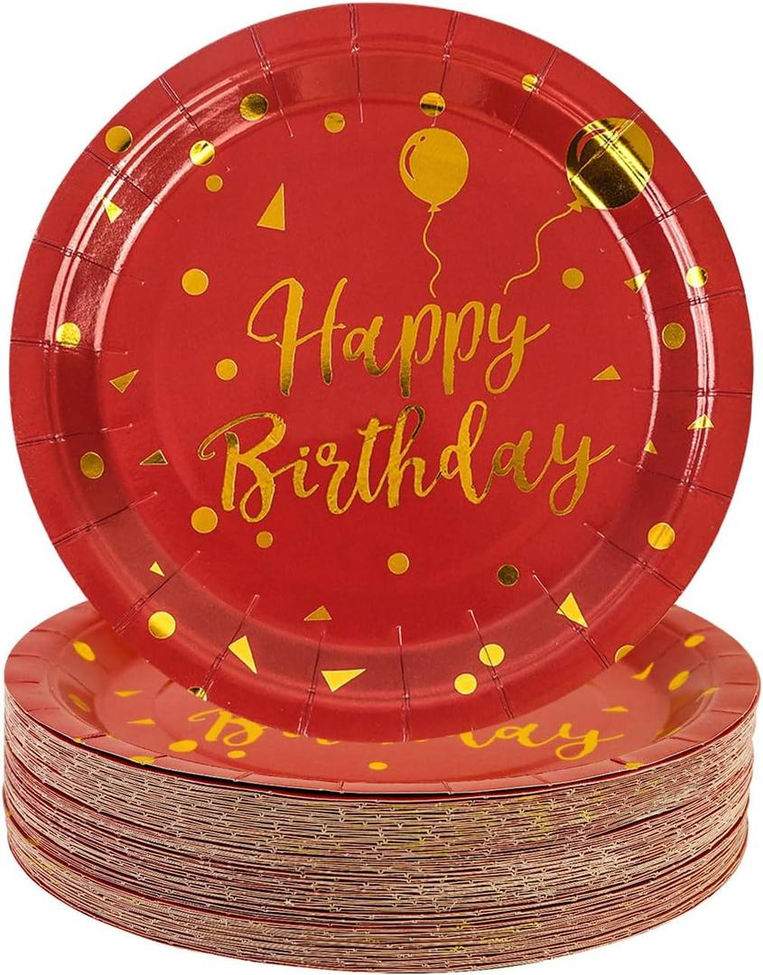 50 Pack Happy Birthday Red and Gold Paper Plates, 7 inch Metallic Foil Polka Dots Disposable Dessert Party Supplies for Graduation Wedding Holiday Christma Party Decorations