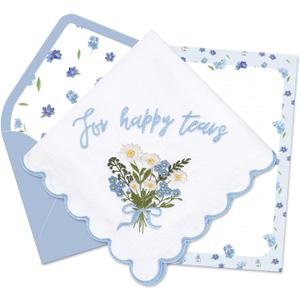 FYSUIMU 9 Pcs Happy Tears Handkerchief Blue Floral Embroidered Cotton Handkerchief with Greeting Card Envelope Something Blue for Wedding Bride Shower (Blue)