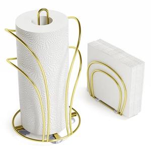 SZQINJI Paper Towel Holder Countertop, Gold Paper Towel Roll Holder with Weighted Base 4 Suction Cups and Paper Napkin Holder Set, Standing Paper Towel Holder for Kitchen Dining Table Picnic