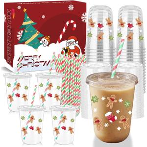 16oz Christmas Disposable Plastic Cups with Lids and Straws-Gingerbread Man Drinking Cups for Party Supplies Cold Drinks, Coffee, Beer, Drinks, Ice Cream, Holiday Party Supplies. (50)