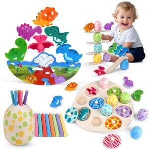 Montessori Dinosaur Toddler Toys Wooden Puzzles Gift for Ages 1 2 3 4 Year Old Kid Boys Girls Animal Dino Egg Toys, Wooden Blocks Stacking Sorting Toddler Fat Brain Easter Gift Preschool Learning