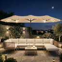 15FT Large Outdoor Patio Umbrella with Solar Lights and Base, Double-Sided Table Umbrellas with 48 LED Lights, Rectangle Market Umbrella for Pool, Deck, Backyard
