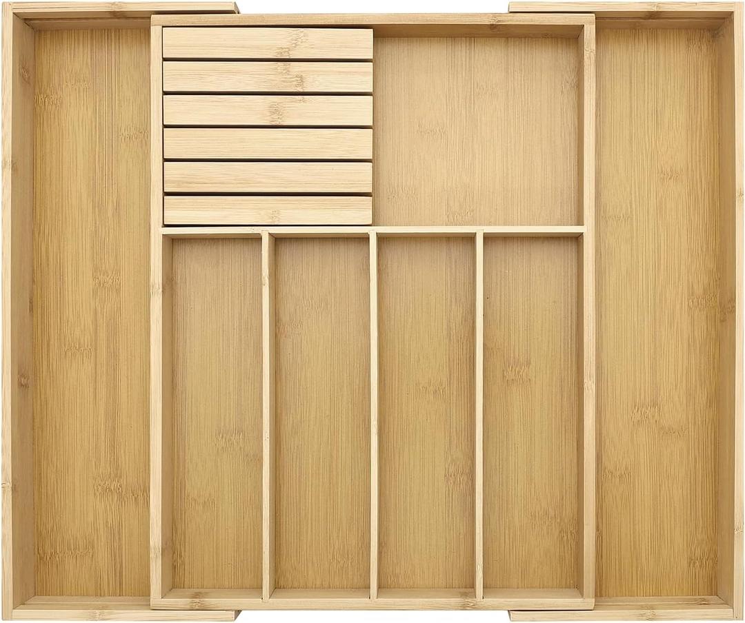 Bamboo Silverware Drawer Organizer with Removable Knife Block