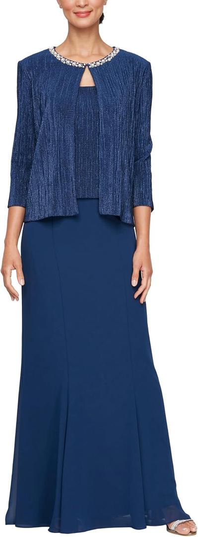 Alex Evenings Women's Long Scoop Neck Mock Gown with Embellished Neck Jacket, Wedding Guest, Formal Event Dress (Blue, M)