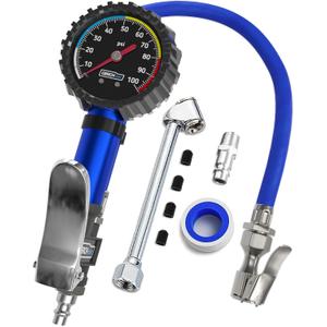 Tire Inflator with Pressure Gauge and Longer Hose - Most Accurate, Heavy Duty Air Chuck with Gauge for Air Compressor Tire Inflator Attachment - 100PSI
