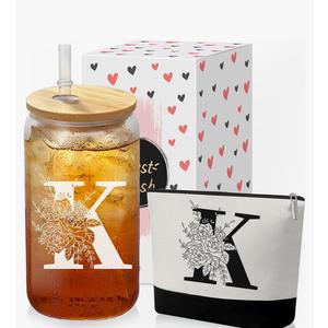 Custom Glass Cup & Makeup Bag Set  Personalized Gifts for Women, Initial 16 oz Glass Tumbler with Lid & Straw, Monogram Makeup Bag  Birthday Gifts For Women, Mother's Day Presents(N), Set of 2