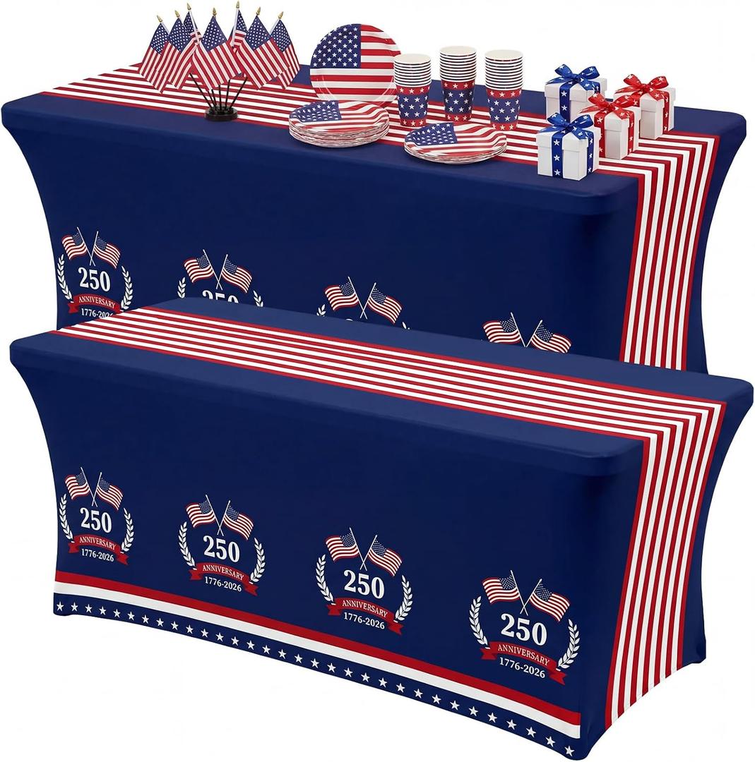Oudain 2 Pcs 250th Anniversary Stretch Table Cover 6 Feet Patriotic Spandex Table Clothes American Flag Party Decorations for Independence Day Veterans Memorial Day Events Party Celebration