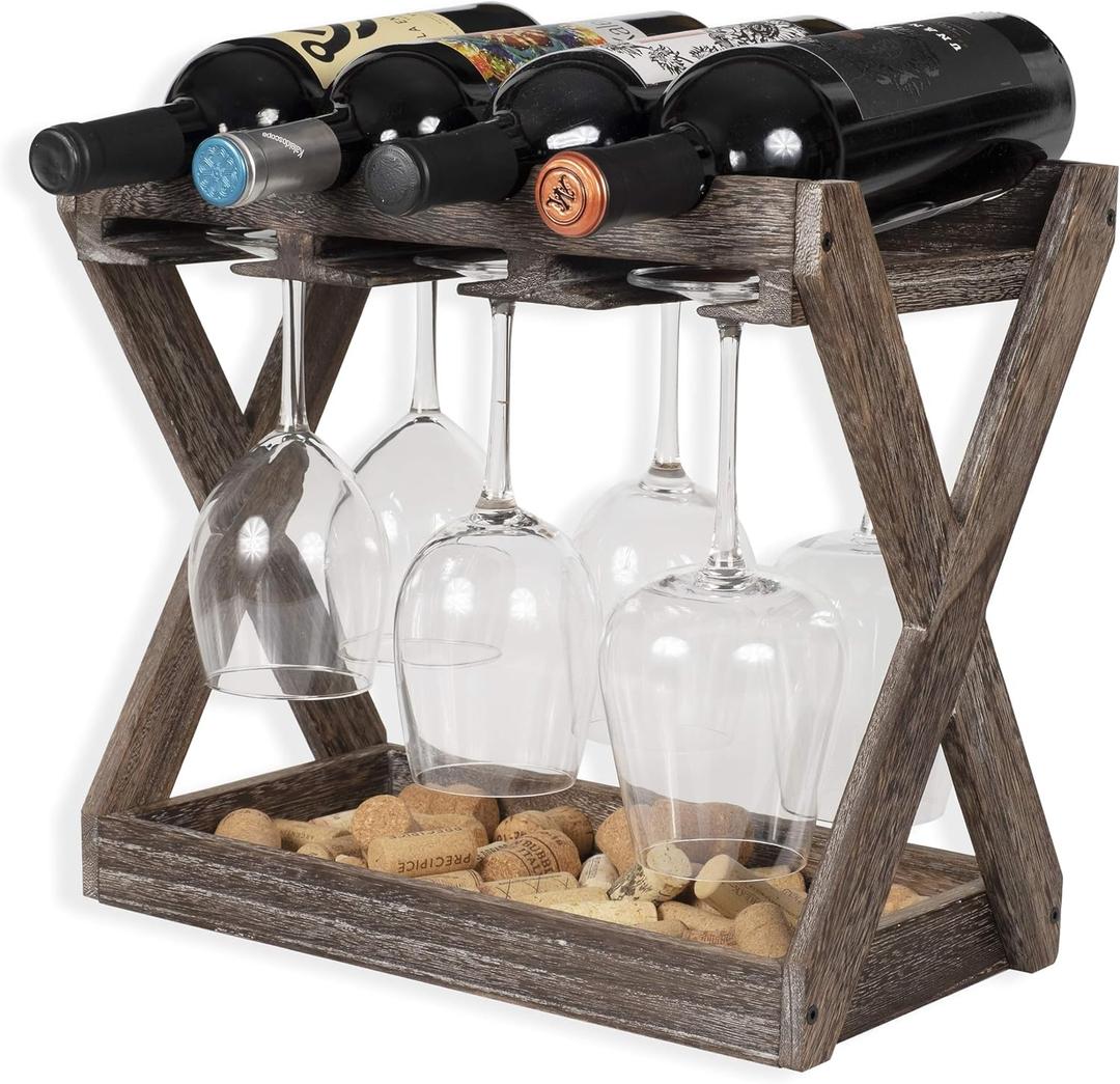 Rustic State Cava Countertop Solid Wood Wine Rack for 4 Bottles and 6 Stemware Glass Holder Cork Storage Tabletop Tray Freestanding Organizer - Home, Kitchen, Dining Room Bar Dcor - Walnut