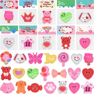 24 Pack Valentines Cards with Mochi Squishy Toys Squeeze Squishies Toys for Kids Girls Boys School Classroom Valentines Day Gift Exchange Party Favors