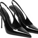 Women's Slingback Stiletto High Heels Pointed Toe Slip On Pumps Shoes Patent Leather Stretch Strap Backless Dress Heels (7.5, Black)
