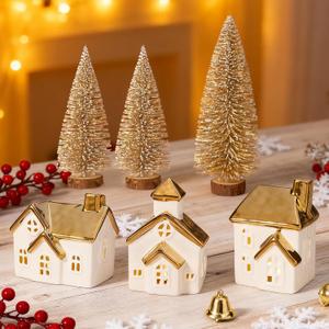 DN DECONATION Christmas Decor Village Houses, 6 Pcs Light Up White Ceramic Houses and Frosted Trees, Tabletop Christmas Town Set with Lights for Winter Decor Holiday Decorations Gifts