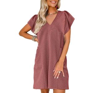 Acelitt Womens Casual Summer V Neck Cap Sleeve Shift Mini Dress with Pockets, S-XXL (Red)