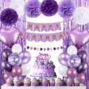 Purple Birthday Decorations for Women, Happy Birthday Party Decorations, Happy Birthday Banner, Purple Balloons, Foil Fringe Curtains, Tissue Paper Pompoms, Heart Garland, Party Decor for Girls
