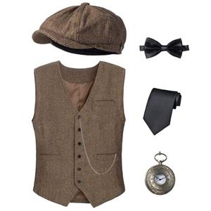 Kids 1920s Costume for Boys Vest Hat Accessories Set Party Cosplay 10-11 Years Dark Brown