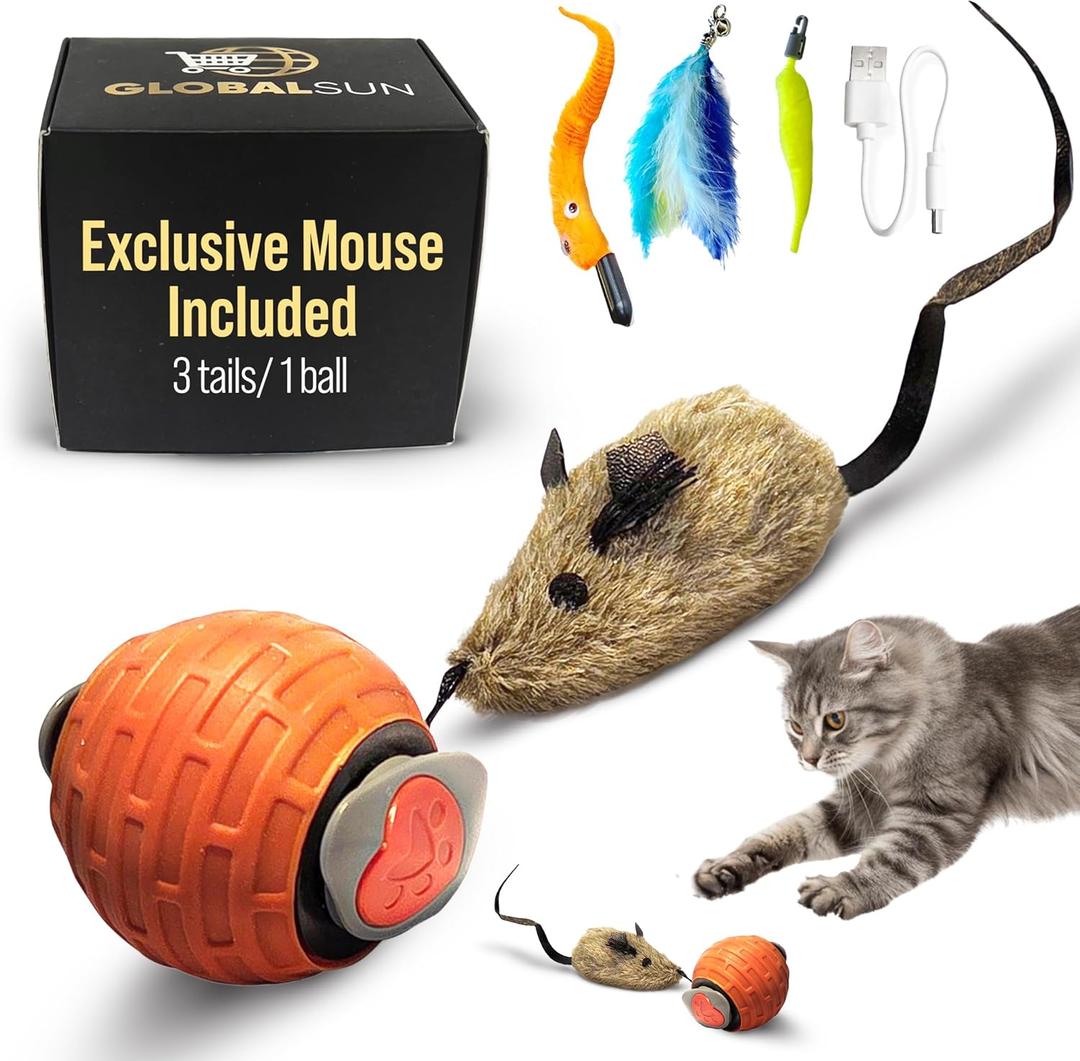 Automatic Cat Toy for Indoor Cats  GlobalSun Speedy Tail 2.0 Motion-Activated Rolling Ball  Rechargeable Interactive Cat Toy with 4 Interchangeable Tails (Mouse, Feather & Ribbon) & Obstacle Sensor