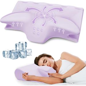 Cervical Neck Pillow for Pain Relief,Ergonomic Contour Memory Foam Pillows for Sleeping,Cooling odorless Neck Support Pillow for Side Back Stomach Sleeper,Purple (Queen)
