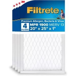 Filtrete 20x25x1 AC Furnace Air Filter, MERV 13, MPR 1900, Premium Allergen, Bacteria & Virus Filter, 3-Month Pleated 1-Inch Electrostatic Air Cleaning Filter, 4-Pack (Actual Size 19.69x24.69x0.78 in) (White)