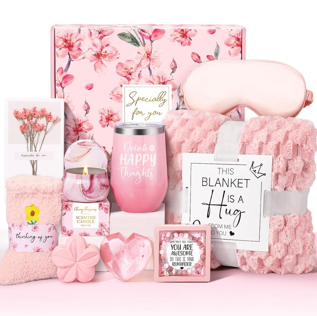 Gift Baskets for Women, Unique Birthday Gifts for Women, Best Friend Birthday Gifts, Self Care Gift Get Well Soon Basket, Cherry Blossom Relaxing Care Package for Mom Her BFF Sister Wife Girlfriend