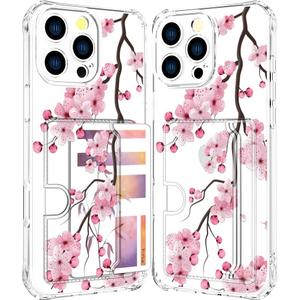 Compatible with iPhone 16 Pro Case Card Holder for Women Cute Design,Wallet Phone Cases Transparent Cool Kawaii Protective (Clear Sakura Peach Cherry)