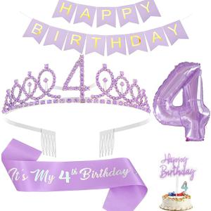 4th Birthday Decorations for Girls - Including Sash, Tiara, Candles, Banner, Cake Toppers & 32in Digital Balloons