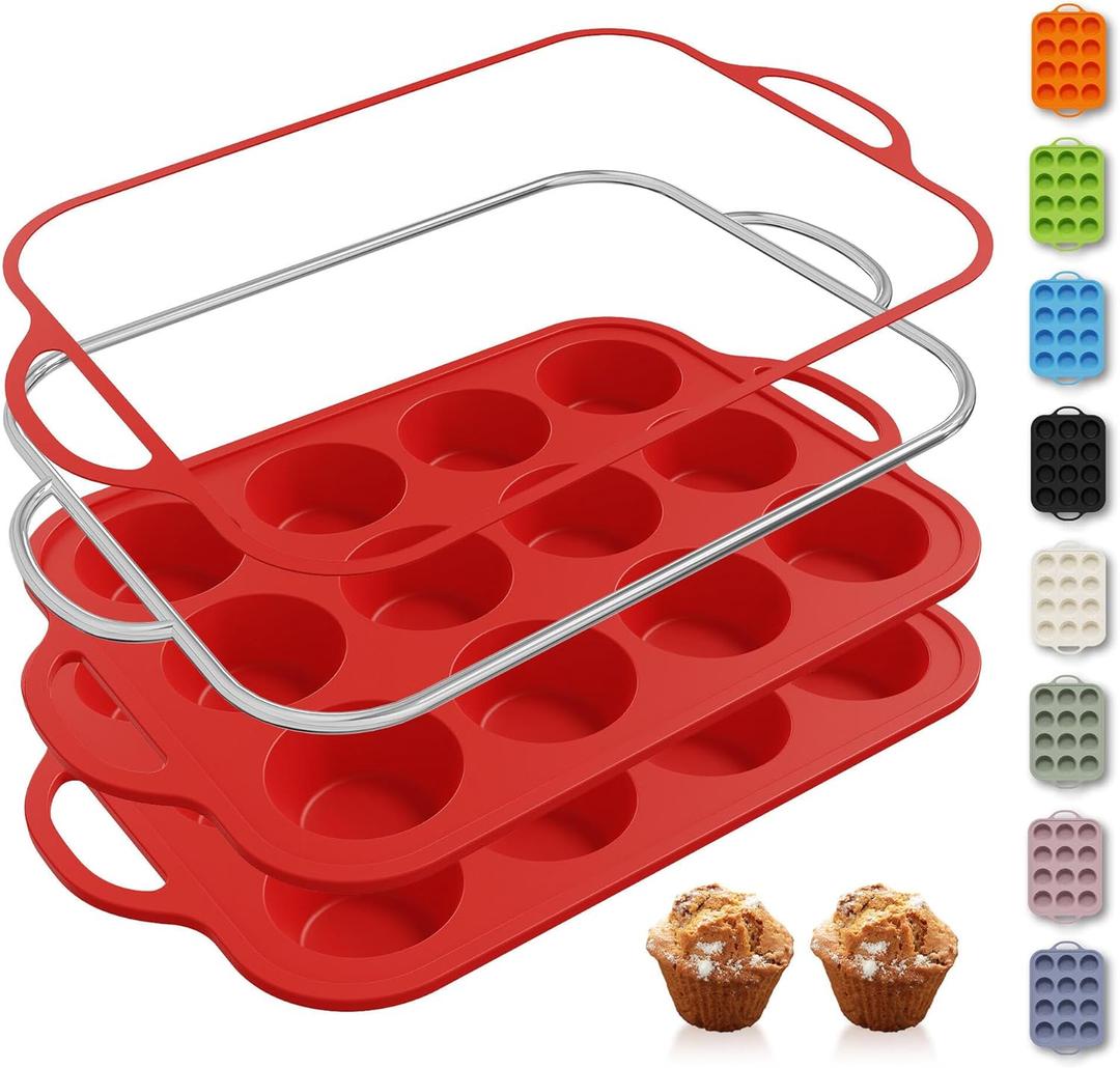2 Packs 12 Cups Silicone Muffin Pan for Baking with Metal Reinforced Frame Regular Size Cupcake Pan Tray Egg Bites Silicone Cookie Molds Muffin Tin Tart Pans Sheet Set for Oven Dishwasher Safe (Red)