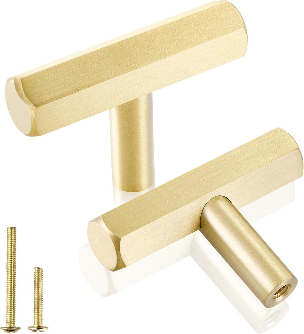 QOGRISUN 5-Pack Solid Brass Cabinet Knobs Hexagon Drawer Handles,Single Hole Handles, Suitable for Kitchen Bathroom Dresser Cupboard Hardware, 2-Inch Total Length, Brushed Finish