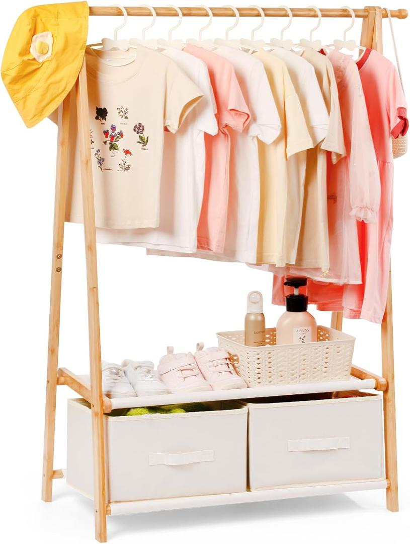 Kids Clothing Rack for Hanging Clothes, Small Toddler Clothes Racks Bamboo Wooden Garment Dress Up Storage Costume Rack with 2 Shelves and 2 Storage Baskets, for Laundry Drying (Natural)