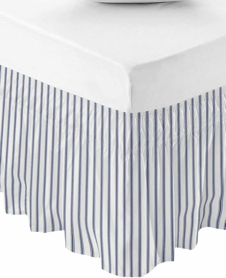 Navy Blue Striped Bed Skirt Queen Size 16 Inch Drop, Adjustable Elastic Bedskirt Dust Ruffle for Queen Bed, Navy Blue White Stripes Farmhouse Wrap Around Bed Skirts Pleated Bed Frame Cover