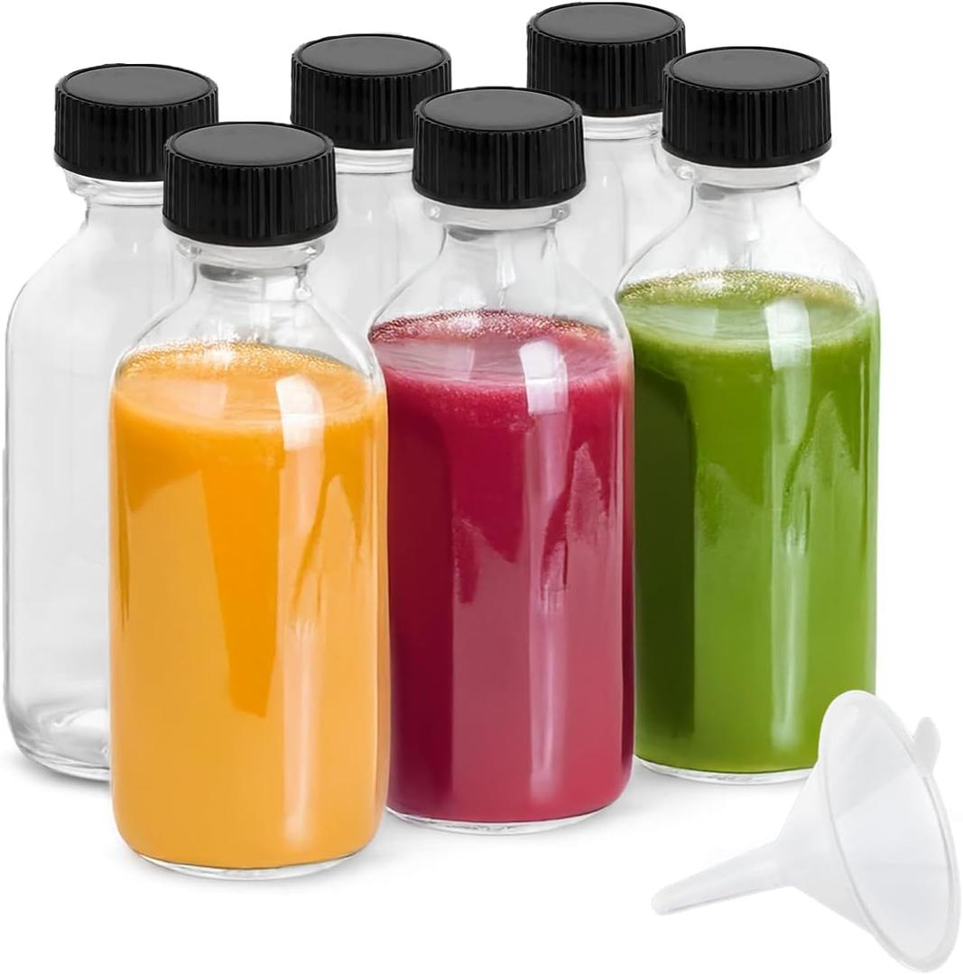 6Pack 2oz Glass Shot Bottles with Caps and Funnels, Boston Round Glass Bottles, Leakage-Proof Ginger Shots Bottles, Wellness Shot Glass Bottles, Suitable for DIY Essential Oils, Juice, Whiskey (clear)
