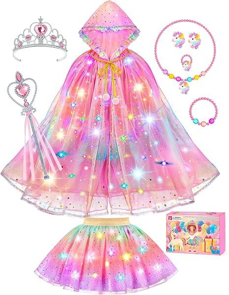 Princess Dress Up for Girls, Unicorn Light up Princess Cape Princess Dress Costume Crown Gift for Girls 3 4 5 6 Rainbow