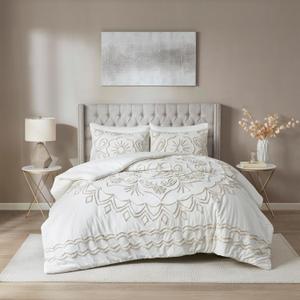 Madison Park Violette Chenille Cotton Tufted Comforter Large Medallion Design, All Season, Hypoallergenic, Soft Bedding Set, Matching Sham, Full/Queen, Ivory/Taupe 3 Piece