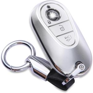 Compatible with Mercedes Benz Key fob Cover Keychain for 2021 2022 2023 2024 2025 E/C/S-Class EQE/EQS/GLC/Maybach 300/350/400/450/500/560/600/680/63/53 Silver Accessoires