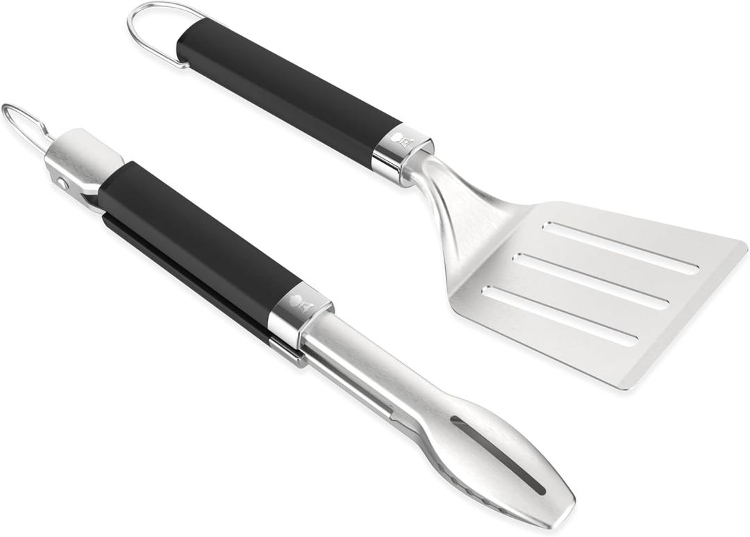 Weber Portable Grill Tool Set, 2‑Piece – Compact Stainless Steel Spatula & Locking Tongs with Hanging Loops, Dishwasher Safe - Grill Accessory Kit
Compact Stainless-Steel Spatula & Locking Tongs with Hanging Loops, Dishwasher Safe - Grill Accessory Kit
