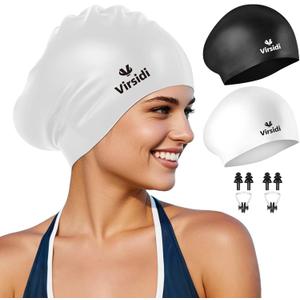 2 Pack Swim Cap for Women Men Adult, Silicone Swimming Caps for Short Long Hair, Waterproof Swim Hats Bathing Caps to Keep Hair Dry with Nose Clip and Earplugs
