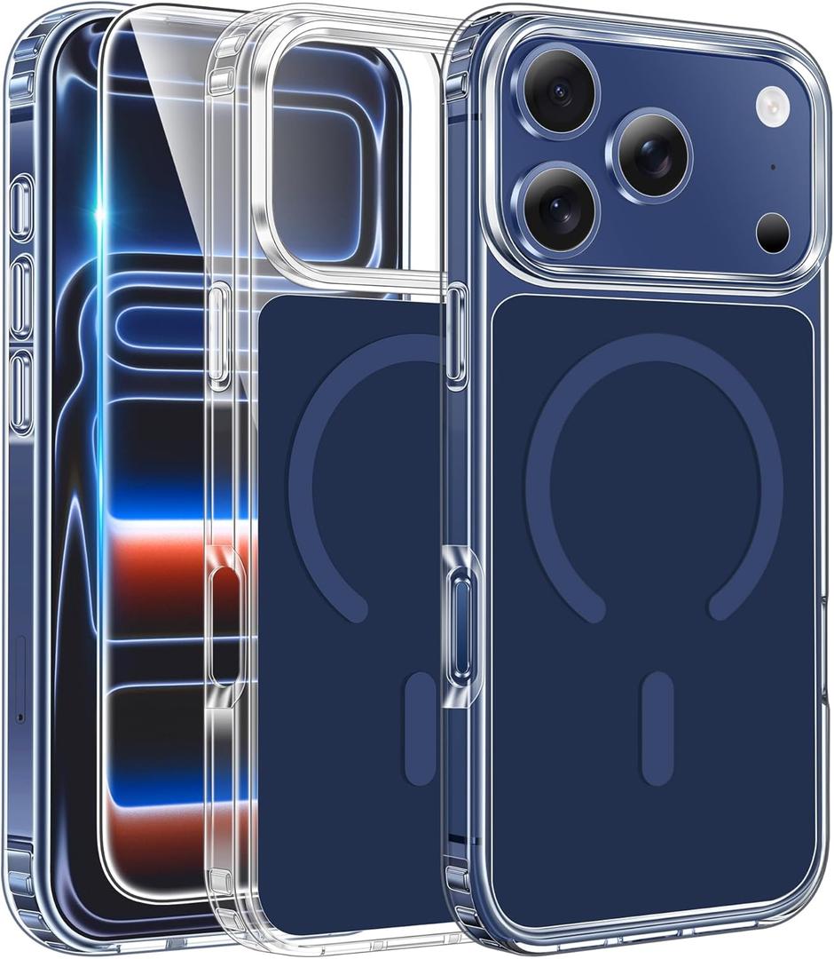 FNTCASE for iPhone 17 Pro-Max Case: Clear Magnetic Phone Cases with Screen Protector Compatible with Magsafe Slim Anti Yellowing Rugged Shockproof Protective Transparent Cell Cover (B-A Blue)