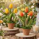 Spring Artificial Tulip Potted Plants Set of 2, 10.2 Inch Vintage Faux Yellow Tulips in Rustic Pot, Spring Table Centerpiece Arrangement for Desk Shelf Kitchen Dining Room Home Decor