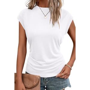 Bliwov Womens Summer Tops Cap Sleeve Crew Neck T Shirts Spring Trendy Fashion Outfits Business Beach Vacation Blouses Clothes White XL