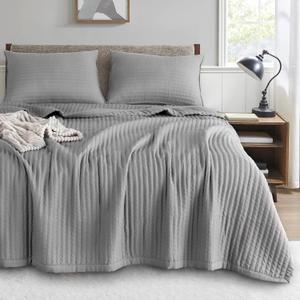 KASENTEX Quilt Mini Set-Stone Washed-Super Soft Bedspread-Light Weight-White Down Alternative Microfiber Fill-Machine Washable, 2 Shams, Solid Grey, King