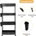 4-Tier Slim Rolling Utility Cart Storage Shelves Trolley Storage Organizer Shelving Rack with Mesh Baskets/Wheel Casters for Laundry Pantry Bathroom Kitchen Office Narrow Places(Black)