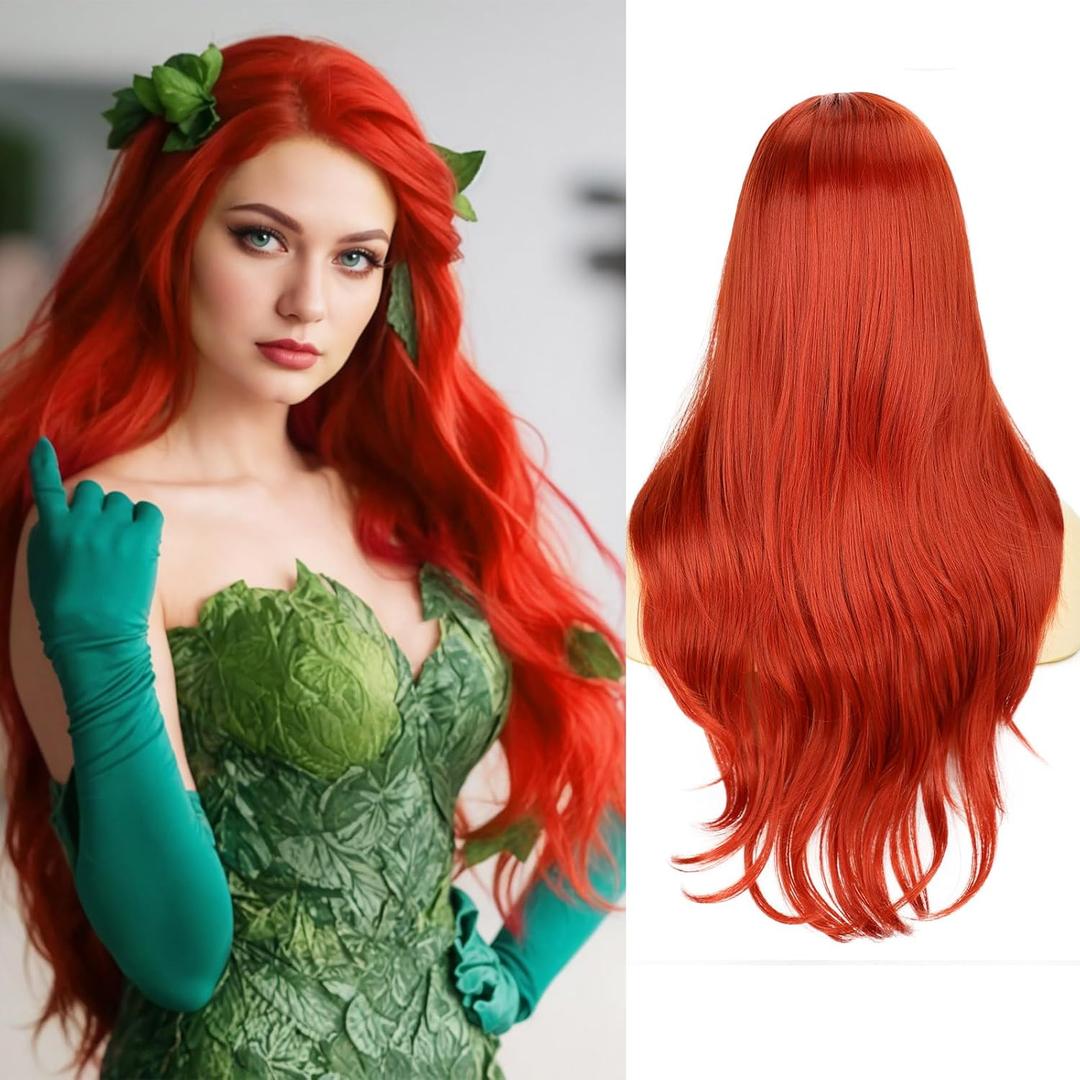 Long Red Wig for Women, Curly Wavy Red Wigs with Side Part Natural Looking Heat Resistant Synthetic Fiber Wig for Halloween Costume Party Wear