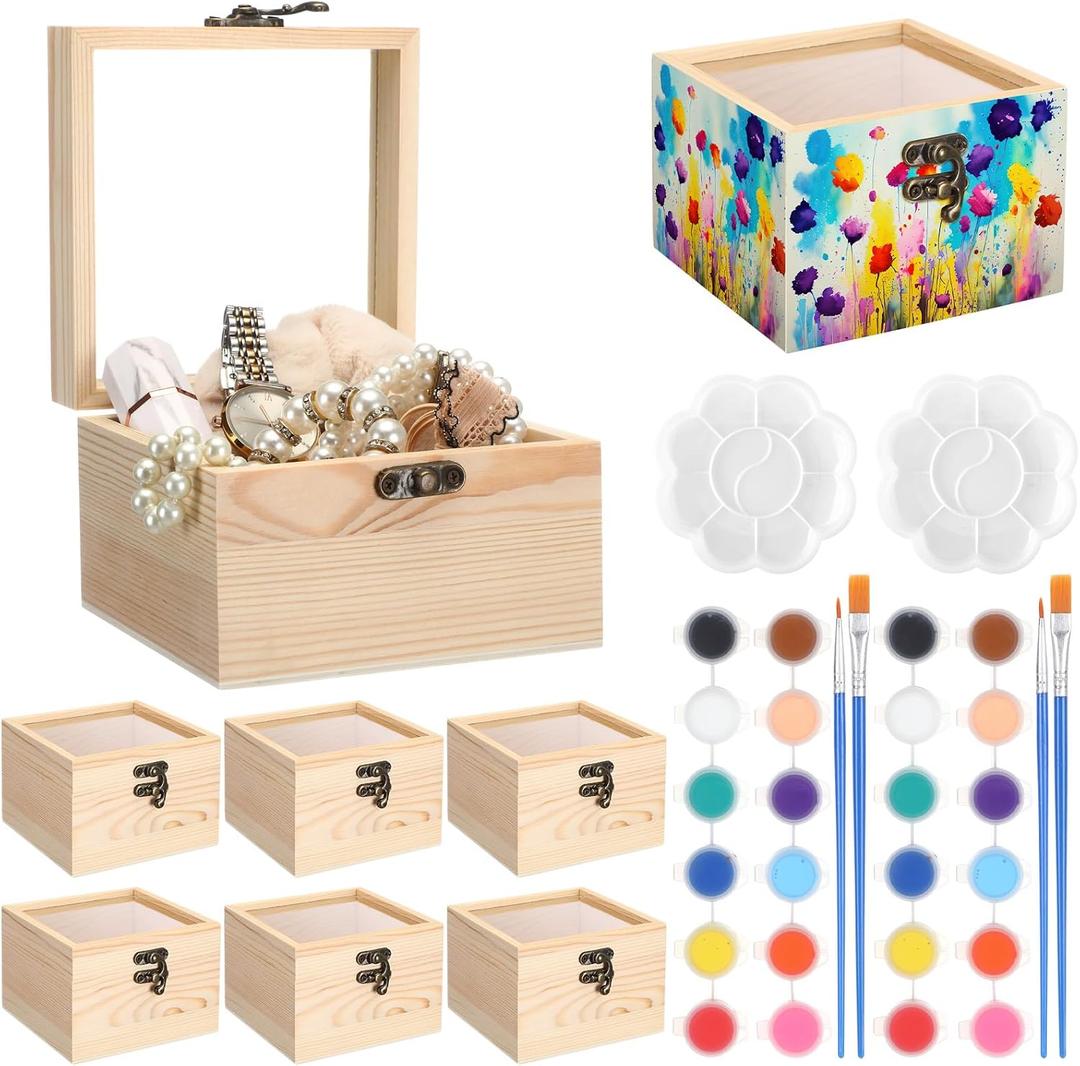 Chunful 6 Set Unfinished Wood Boxes with Hinged Glass Lid 4.72 x 4.72 x 3.15 Inch Small Wooden Treasure Chest Box for Craft 6 Acrylic Paint, 12 Brush, 6 Palette for DIY Storage Jewelry Keepsake Gifts