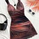 Women's Ruched Mini Dress Retro Vintage Mesh Sleeveless V Neck Fitted Dresses (L)