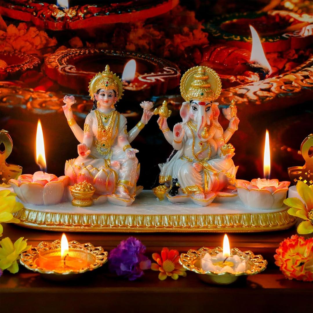 Ganesha Laxmi Statue Indian God - 5.3H Marble Finish Indian Idol Lakshmi Ganesh Statue w/LED Diyas Diwali Gifts Diwali Decor Home Office Puja Item Hindu Altar Mandir Temple Pooja Murti