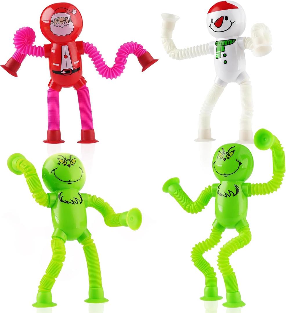 4Pcs Christmas Pop Tube Sensory Toys,Grenn Monster Telescopic Suction Fidget Toys for Kids Toddler with ADHD or Autism,Christmas Stocking Stuffers Party Favors Gifts Idea for Boys Girls