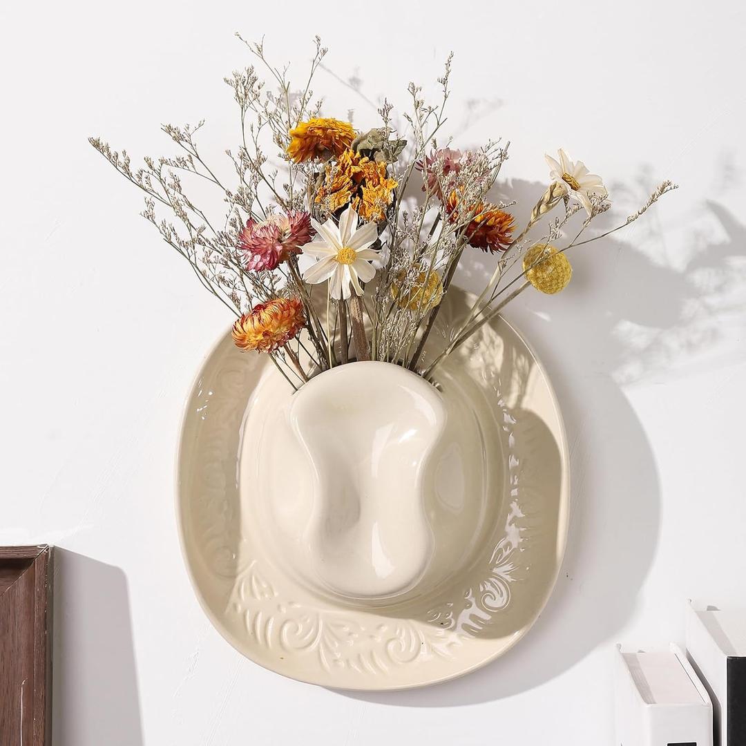 Hanging Wall planters for Indoor Plants, Ceramic Cowboy Wall vases for Flowers, for Bathroom, Living Room, Office, and Home Decor. Medium (White)