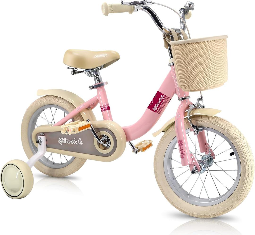 SIMEIQI Girls Bike for Toddlers and Kids Ages 3-12 Years,14 16 18 Inch Kids Bike with Training Wheels & Basket,Kids Bicycle with Coaster Brake & Kickstand,Multiple Colors (Pink)